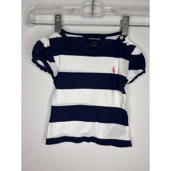 RALPH LAUREN Short Sleeve Striped Tee Girls 12Mths Blue White Pink Pony Ruffle - Picture 1 of 5